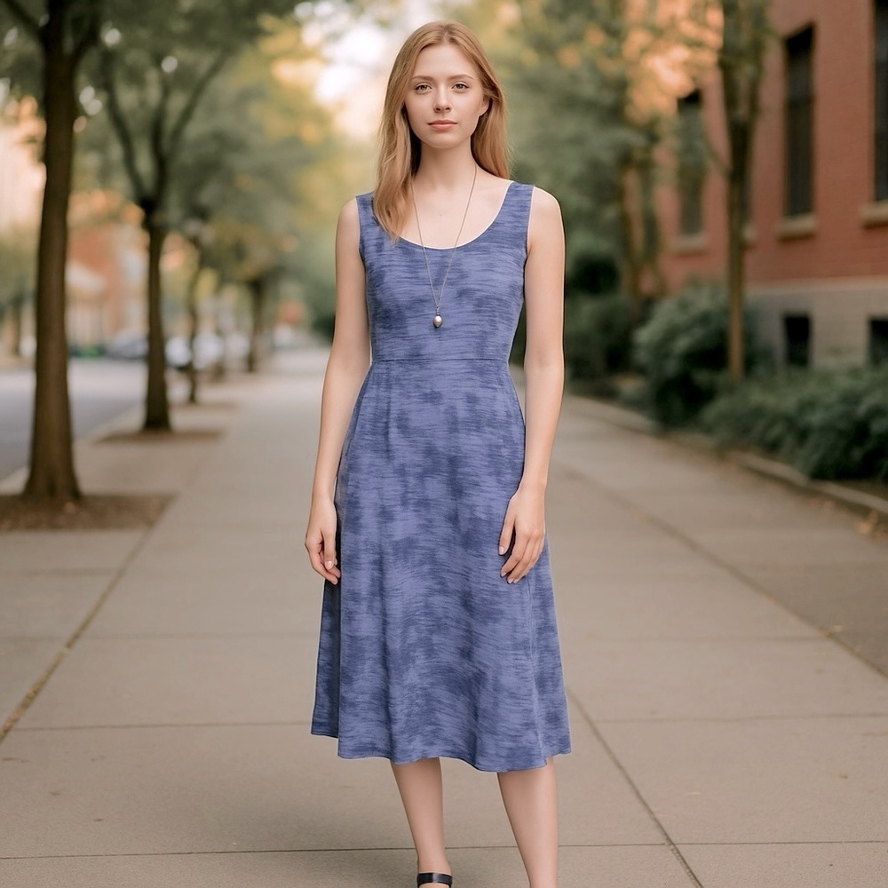 Chico’s Tie Dye Maxi Dress Striped Nautical Blue White Sundress Small
